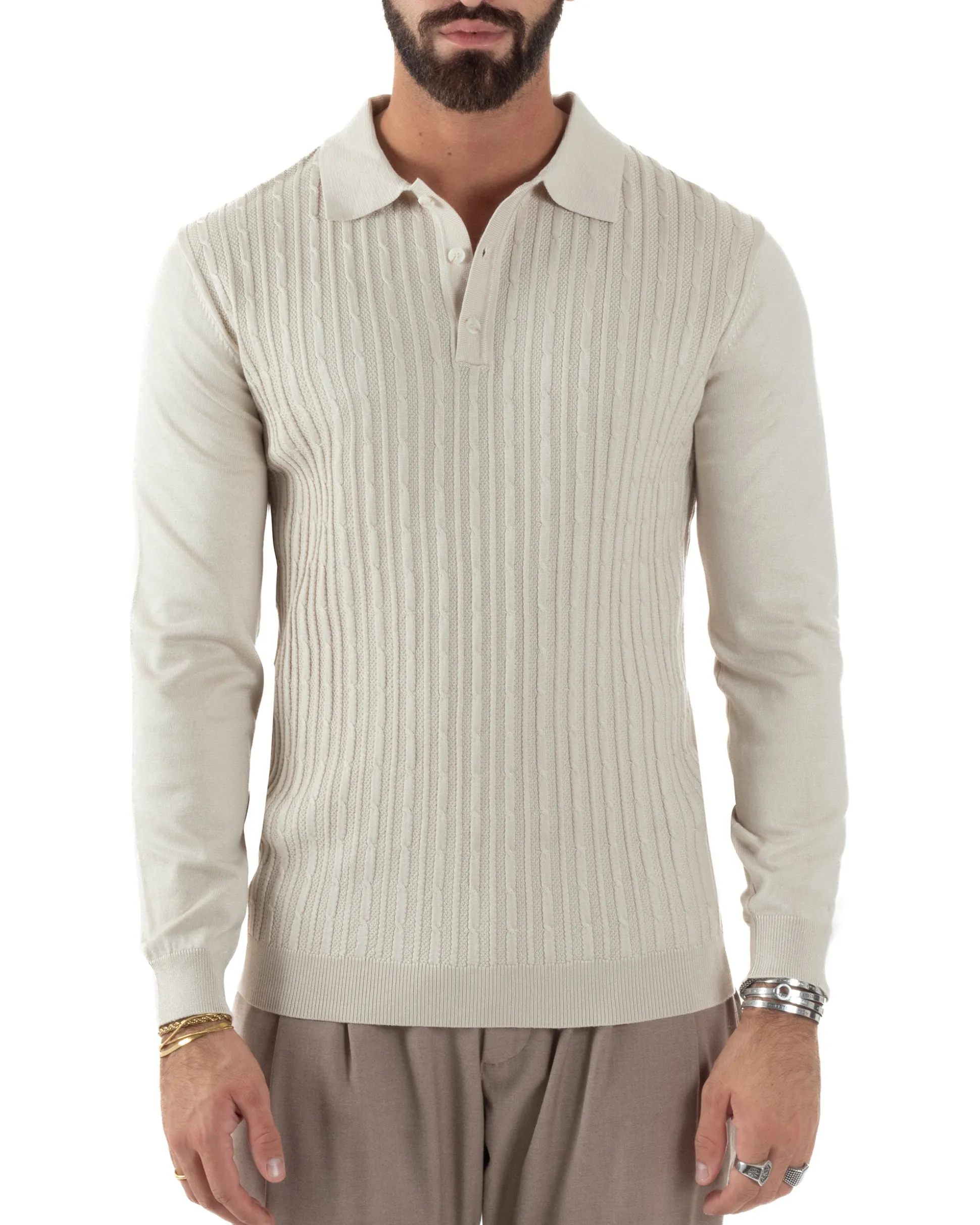 Maglia Uomo Colletto Polo Maglioncino Trecce Basic Beige M3037A