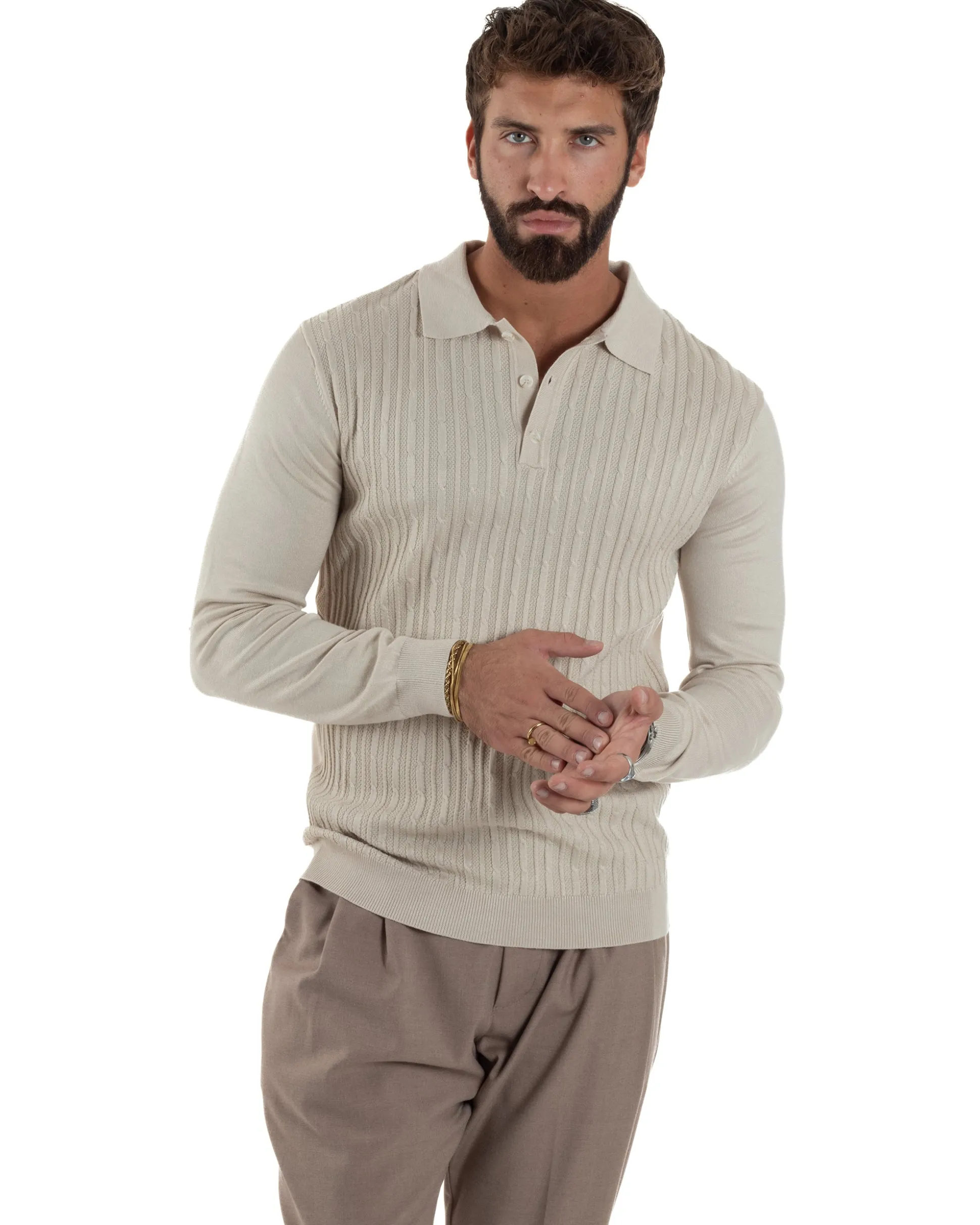 Maglia Uomo Colletto Polo Maglioncino Trecce Basic Beige M3037A