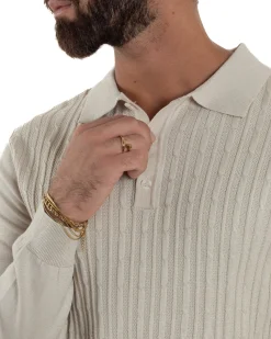 Maglia Uomo Colletto Polo Maglioncino Trecce Basic Beige M3037A