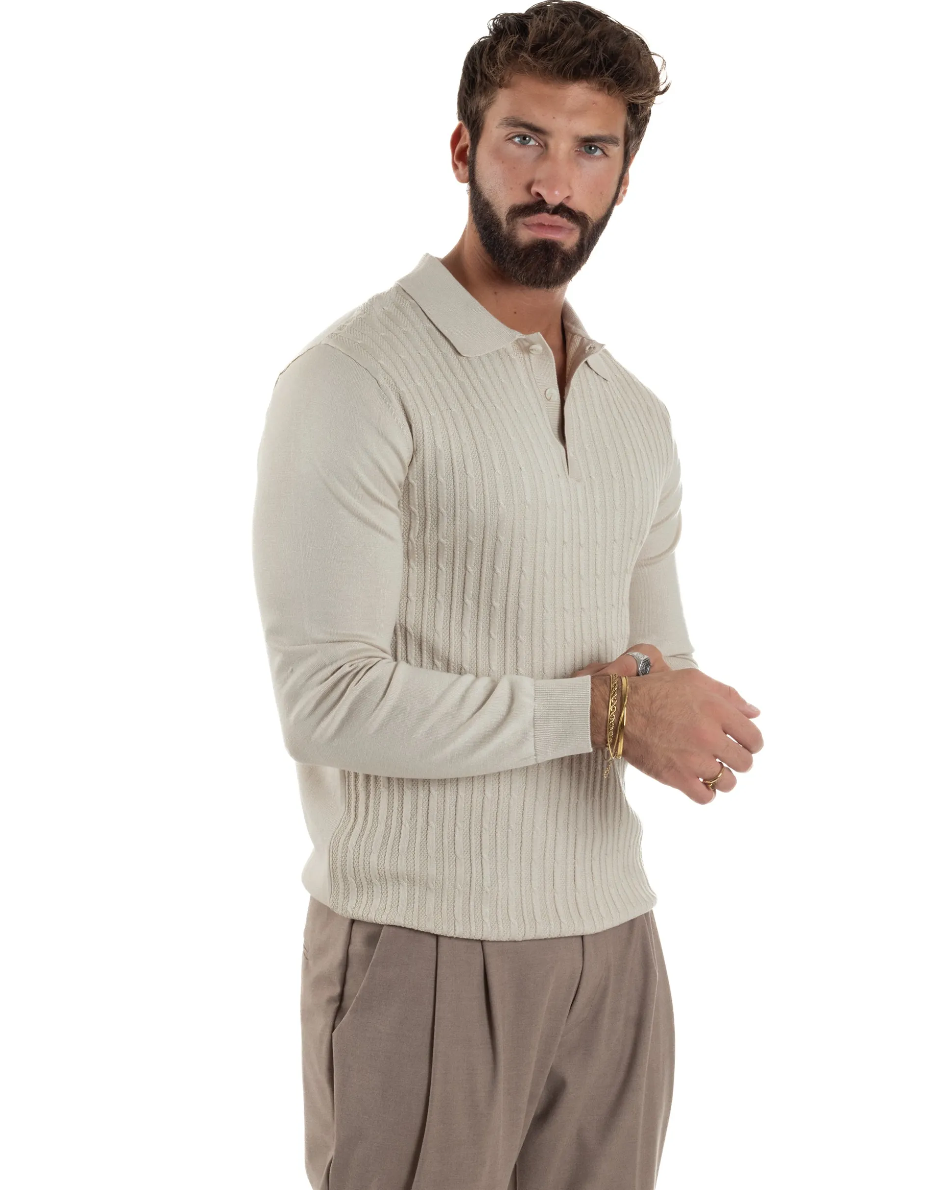 Maglia Uomo Colletto Polo Maglioncino Trecce Basic Beige M3037A