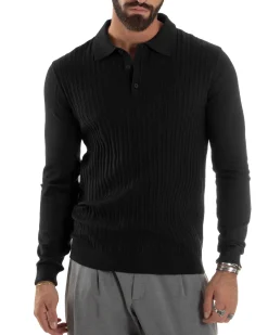 Maglia Uomo Colletto Polo Maglioncino Trecce Basic Nero M3038A