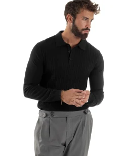Maglia Uomo Colletto Polo Maglioncino Trecce Basic Nero M3038A
