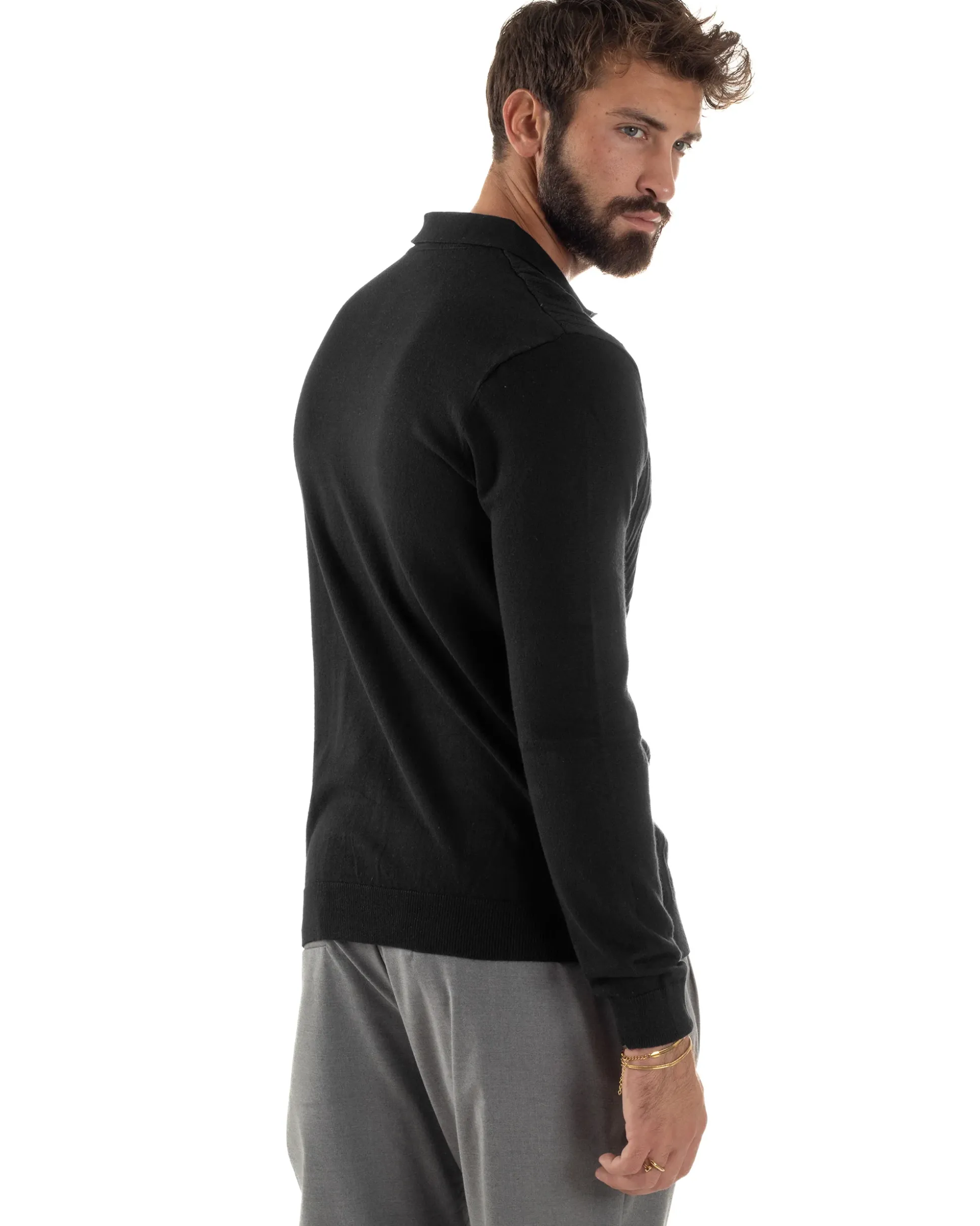 Maglia Uomo Colletto Polo Maglioncino Trecce Basic Nero M3038A