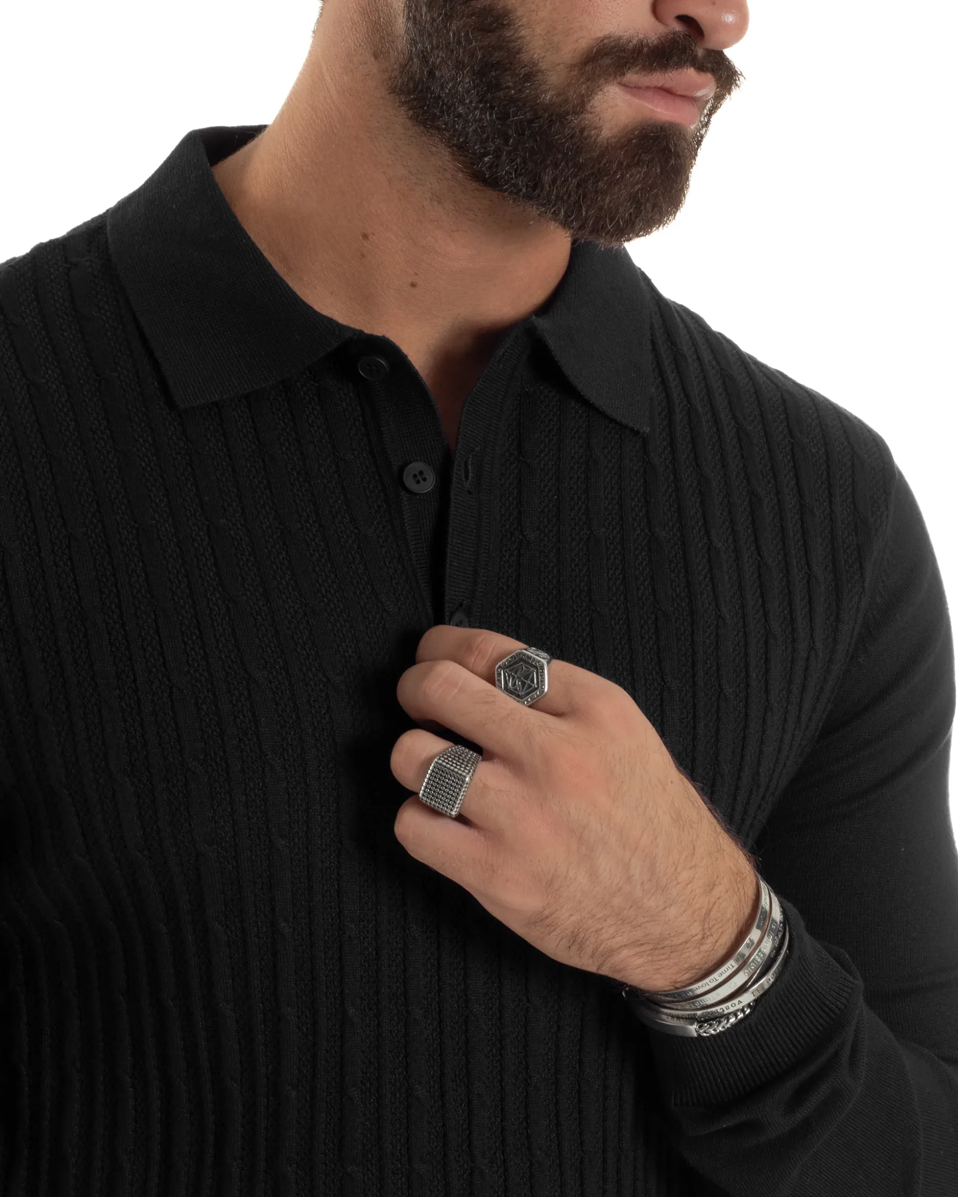 Maglia Uomo Colletto Polo Maglioncino Trecce Basic Nero M3038A