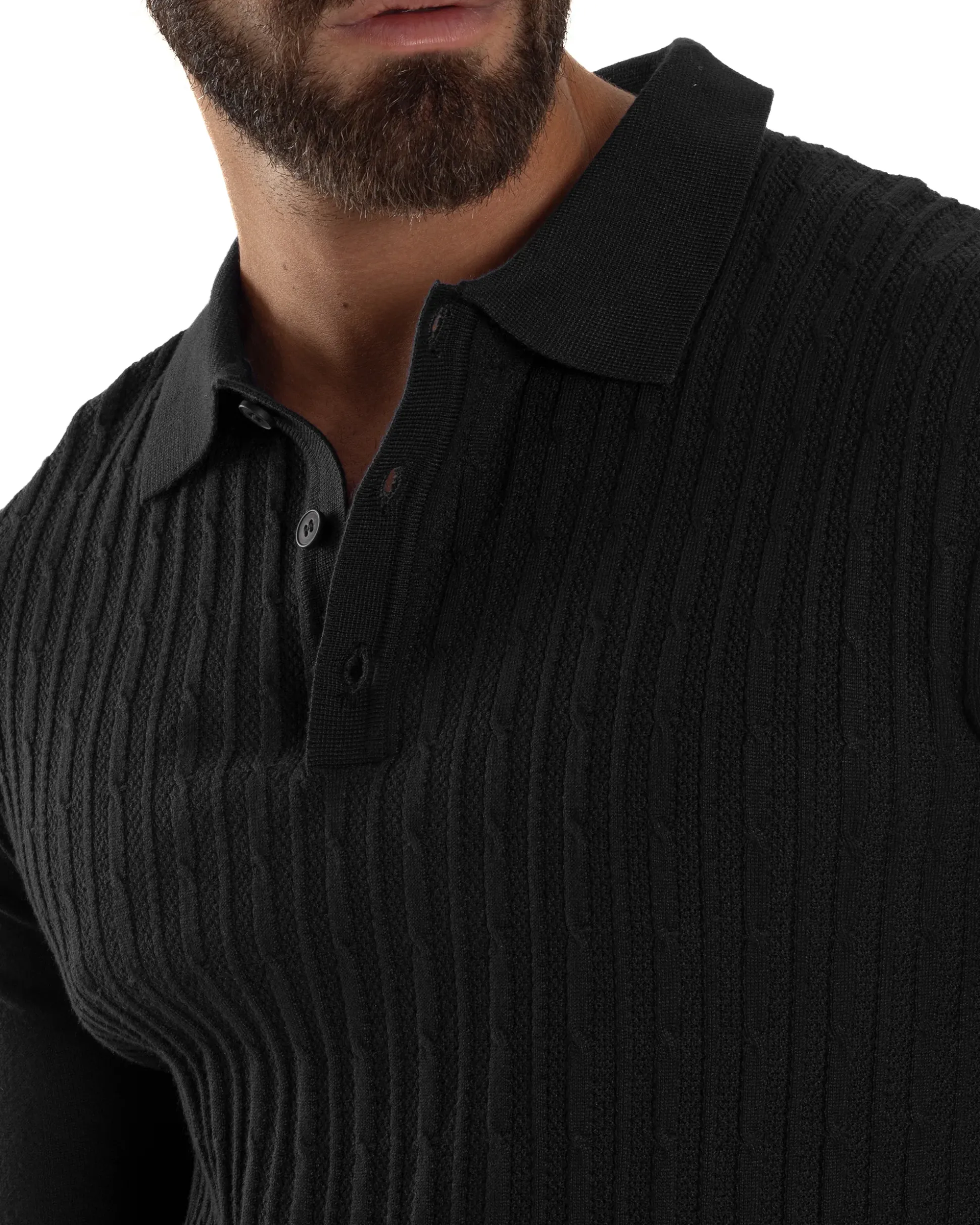 Maglia Uomo Colletto Polo Maglioncino Trecce Basic Nero M3038A