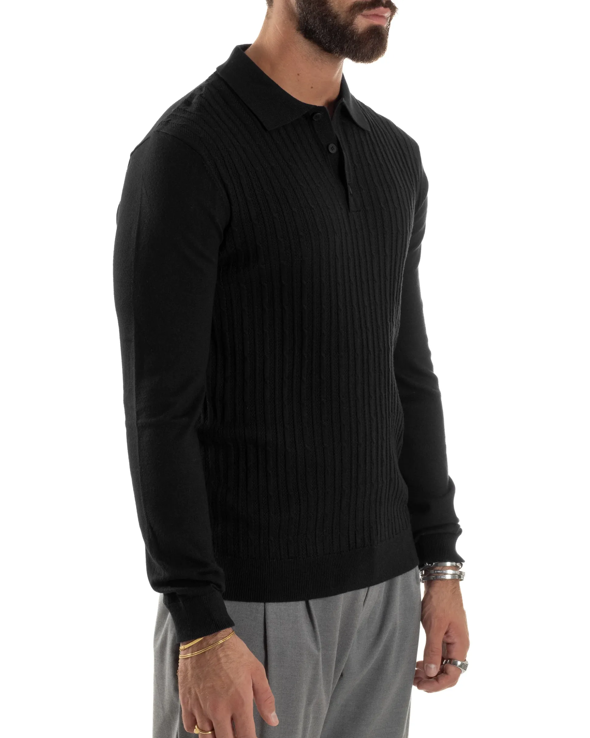 Maglia Uomo Colletto Polo Maglioncino Trecce Basic Nero M3038A