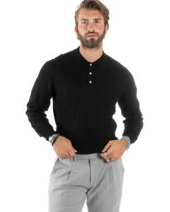 Maglia Uomo Con Colletto Polo Maglioncino Con Bottoncini Fantasia Trecce Nero GIOSAL-M2837A