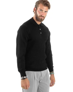 Maglia Uomo Con Colletto Polo Maglioncino Con Bottoncini Fantasia Trecce Nero GIOSAL-M2837A