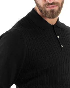 Maglia Uomo Con Colletto Polo Maglioncino Con Bottoncini Fantasia Trecce Nero GIOSAL-M2837A