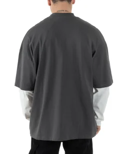 Maglia Uomo Girocollo T-Shirt Maniche Lunghe Combinate Long Sleeve Bicolore Oversize Comoda Grigio GIOSAL-M2973A