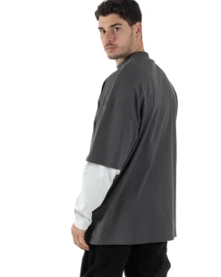 Maglia Uomo Girocollo T-Shirt Maniche Lunghe Combinate Long Sleeve Bicolore Oversize Comoda Grigio GIOSAL-M2973A
