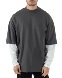 Maglia Uomo Girocollo T-Shirt Maniche Lunghe Combinate Long Sleeve Bicolore Oversize Comoda Grigio GIOSAL-M2973A
