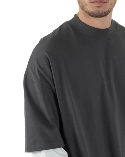 Maglia Uomo Girocollo T-Shirt Maniche Lunghe Combinate Long Sleeve Bicolore Oversize Comoda Grigio GIOSAL-M2973A