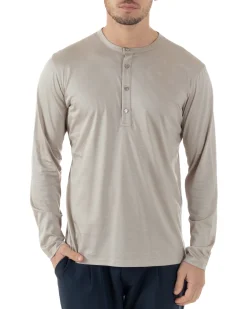 Maglia Uomo Maniche Lunghe Collo Serafino Con Bottoni Sottogiacca Girocollo Casual Tinta Unita Beige GIOSAL-M2972A