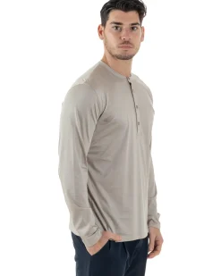 Maglia Uomo Maniche Lunghe Collo Serafino Con Bottoni Sottogiacca Girocollo Casual Tinta Unita Beige GIOSAL-M2972A