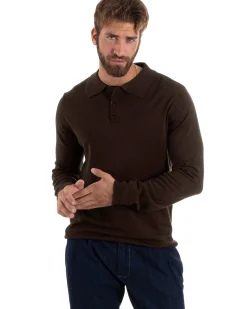 Maglioncino Uomo Casual Maglia Con Colletto Polo Basic Marrone M3002A