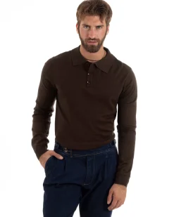 Maglioncino Uomo Casual Maglia Con Colletto Polo Basic Marrone M3002A