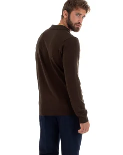 Maglioncino Uomo Casual Maglia Con Colletto Polo Basic Marrone M3002A
