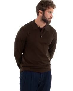 Maglioncino Uomo Casual Maglia Con Colletto Polo Basic Marrone M3002A