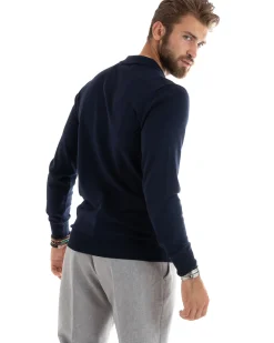 Maglioncino Uomo Casual Maglia Con Colletto Polo Basic Blu M2679A