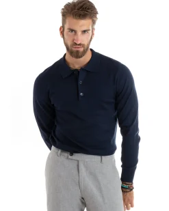 Maglioncino Uomo Casual Maglia Con Colletto Polo Basic Blu M2679A