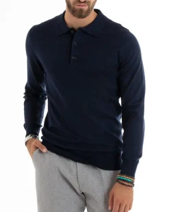 Maglioncino Uomo Casual Maglia Con Colletto Polo Basic Blu M2679A
