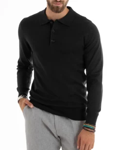 Maglioncino Uomo Casual Maglia Con Colletto Polo Basic Nero M2680A