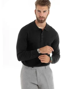 Maglioncino Uomo Casual Maglia Con Colletto Polo Basic Nero M2680A