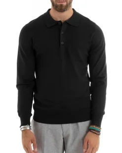Maglioncino Uomo Casual Maglia Con Colletto Polo Basic Nero M2680A