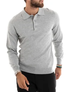 Maglioncino Uomo Casual Maglia Con Colletto Polo Basic Grigio Chiaro M2685A