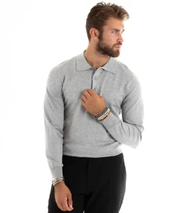 Maglioncino Uomo Casual Maglia Con Colletto Polo Basic Grigio Chiaro M2685A