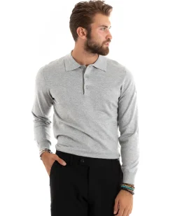 Maglioncino Uomo Casual Maglia Con Colletto Polo Basic Grigio Chiaro M2685A