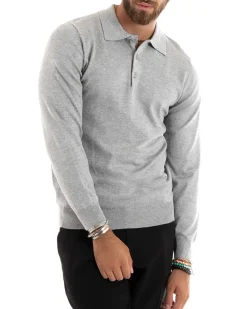 Maglioncino Uomo Casual Maglia Con Colletto Polo Basic Grigio Chiaro M2685A