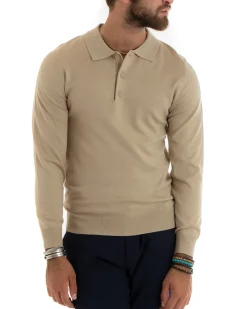 Maglioncino Uomo Casual Maglia Con Colletto Polo Basic Beige M2681A