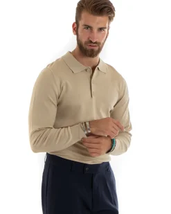 Maglioncino Uomo Casual Maglia Con Colletto Polo Basic Beige M2681A