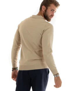 Maglioncino Uomo Casual Maglia Con Colletto Polo Basic Beige M2681A