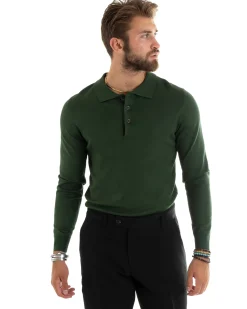 Maglioncino Uomo Casual Maglia Con Colletto Polo Basic Verde M2687A