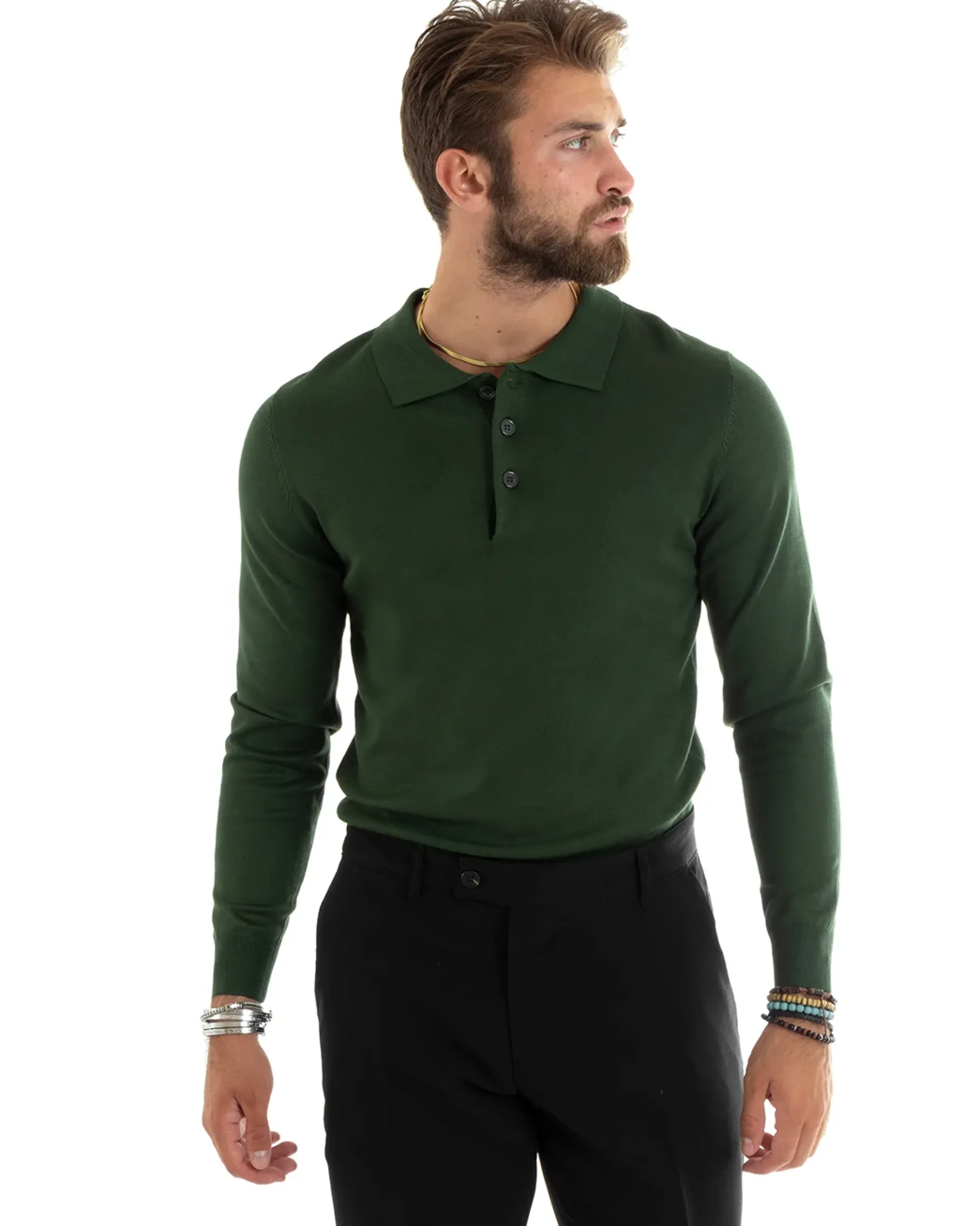 Maglioncino Uomo Casual Maglia Con Colletto Polo Basic Verde M2687A