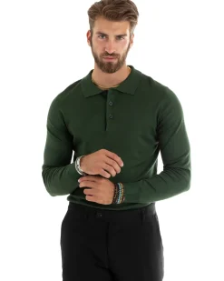 Maglioncino Uomo Casual Maglia Con Colletto Polo Basic Verde M2687A
