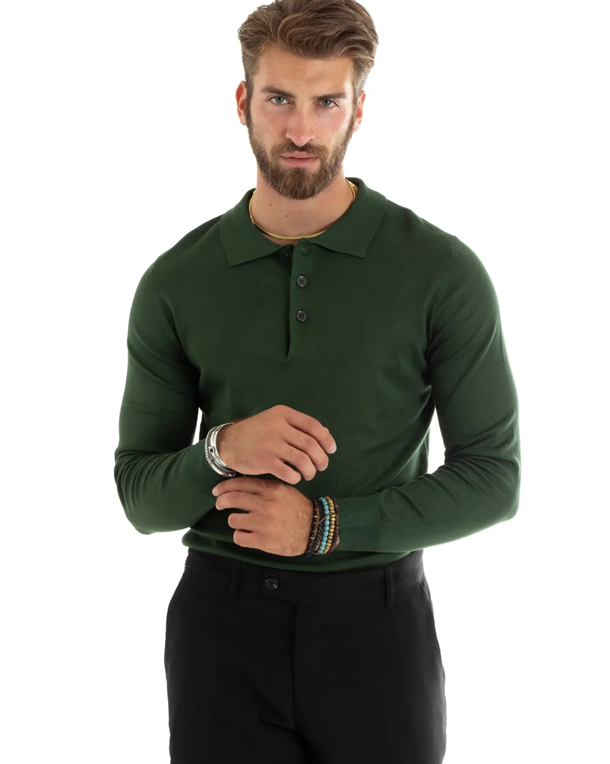 Maglioncino Uomo Casual Maglia Con Colletto Polo Basic Verde M2687A