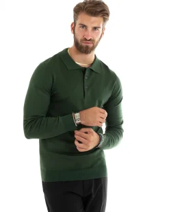 Maglioncino Uomo Casual Maglia Con Colletto Polo Basic Verde M2687A