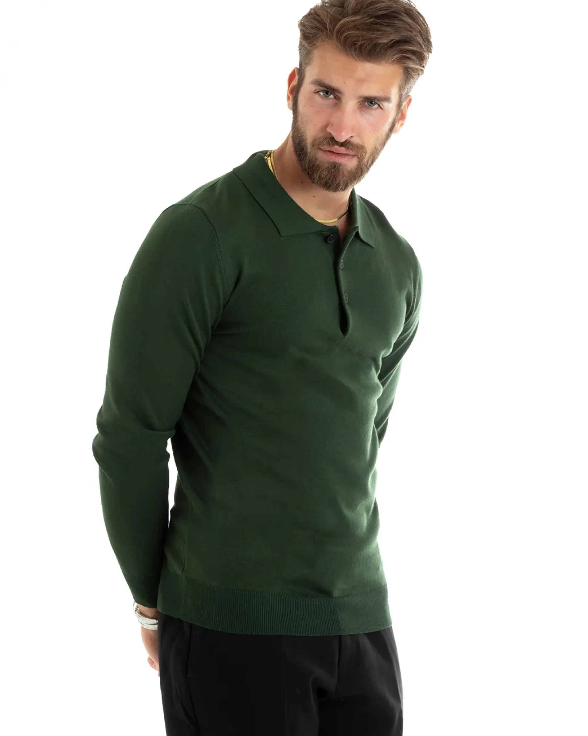 Maglioncino Uomo Casual Maglia Con Colletto Polo Basic Verde M2687A