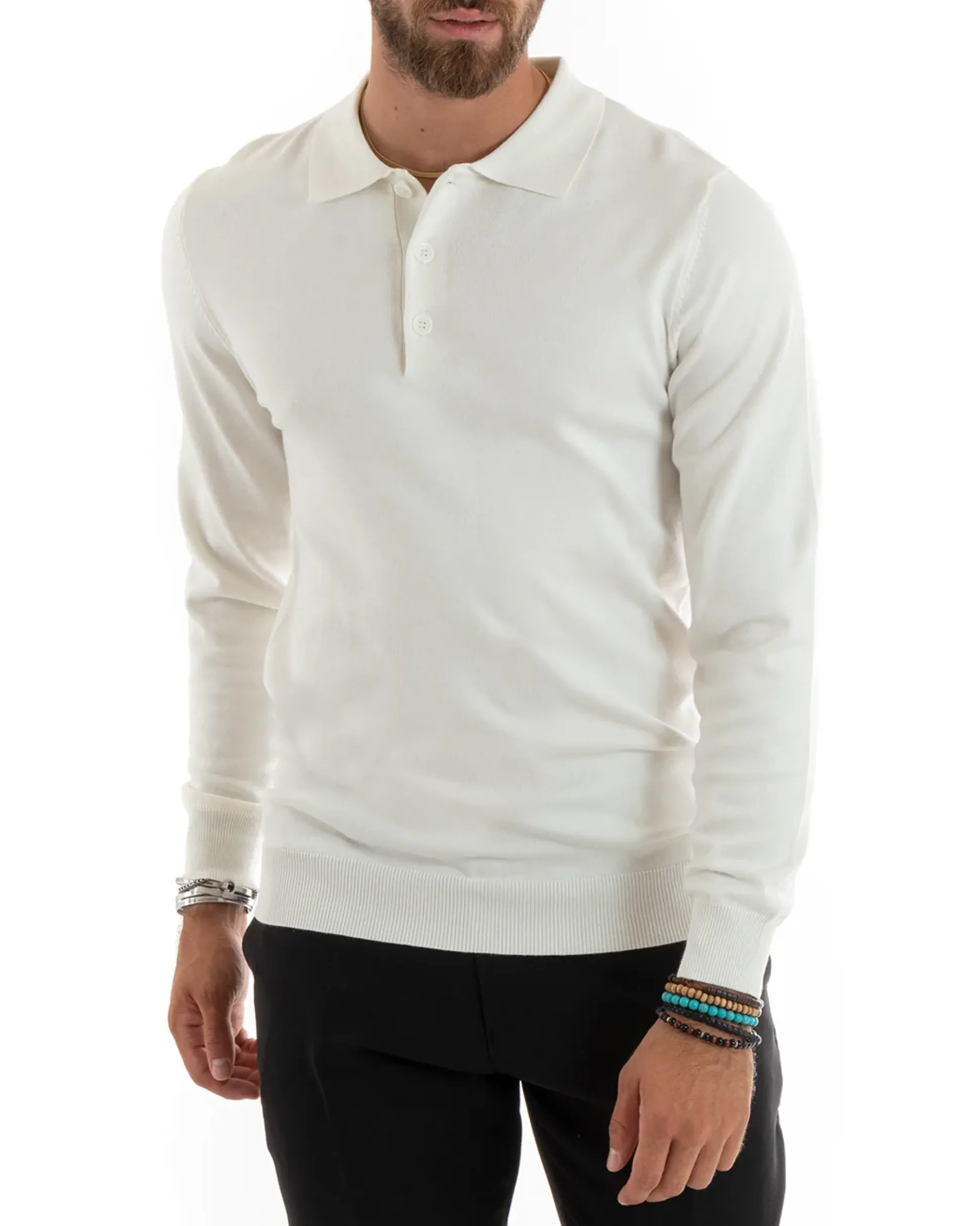 Maglioncino Uomo Casual Maglia Con Colletto Polo Basic Bianco M2683A