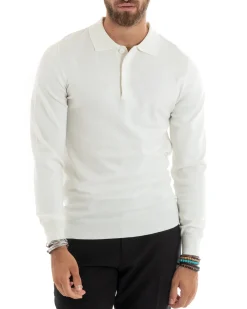 Maglioncino Uomo Casual Maglia Con Colletto Polo Basic Bianco M2683A