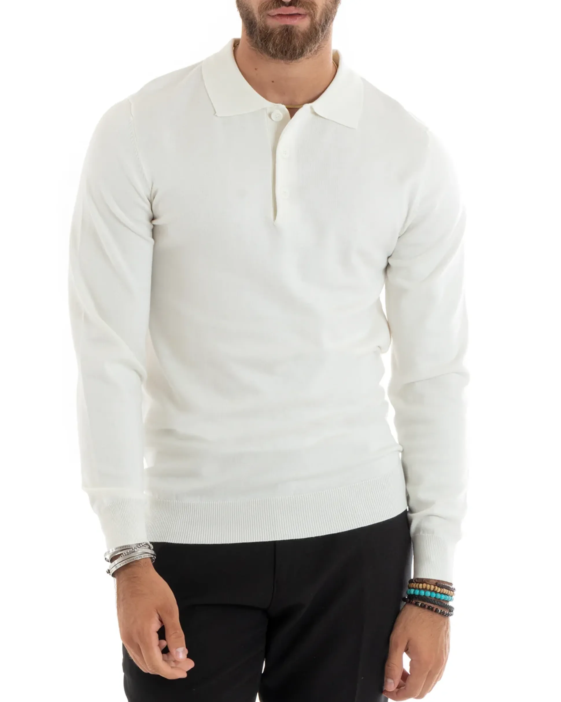 Maglioncino Uomo Casual Maglia Con Colletto Polo Basic Bianco M2683A