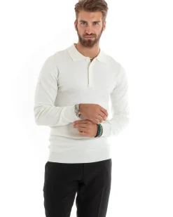 Maglioncino Uomo Casual Maglia Con Colletto Polo Basic Bianco M2683A