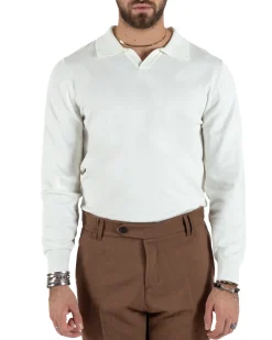 Maglioncino Uomo Casual Maglia Con Colletto Polo Scollo V Tinta Unita Basic Bianco GIOSAL-M2781A