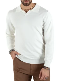 Maglioncino Uomo Casual Maglia Con Colletto Polo Scollo V Tinta Unita Basic Bianco GIOSAL-M2781A