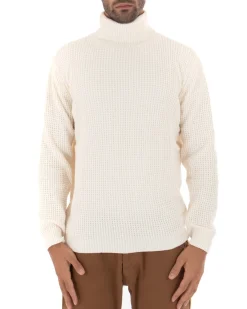 Maglioncino Uomo Ciniglia Collo Alto Pullover Caldo Maglia Maniche Lunghe Lavorata Dolcevita Casual Panna GIOSAL-M2303A