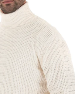 Maglioncino Uomo Ciniglia Collo Alto Pullover Caldo Maglia Maniche Lunghe Lavorata Dolcevita Casual Panna GIOSAL-M2303A